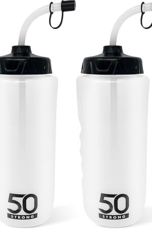 50 Strong 2-Pack 1 Liter Water Bottles with Straw & Finger Grip | Made in USA | BPA-Free | Easy-Squeeze Sports Bottles | Ideal for Hockey, Football, Lacrosse & Boxing