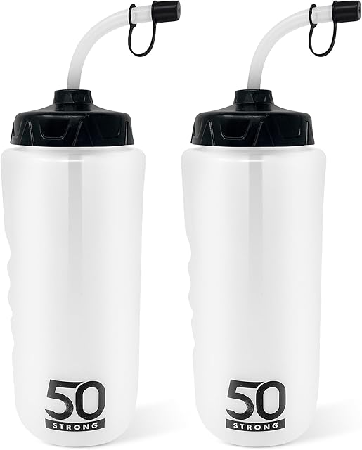 50 Strong 2-Pack 1 Liter Water Bottles with Straw & Finger Grip | Made in USA | BPA-Free | Easy-Squeeze Sports Bottles | Ideal for Hockey, Football, Lacrosse & Boxing