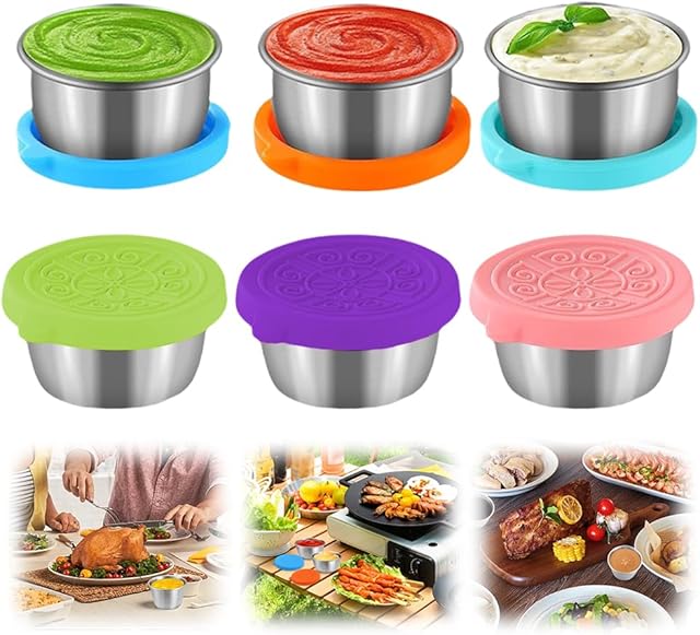 6x1.6/2.4 Oz Salad Dressing Container To Go Condiment Containers Coverd Lids,Small Reusable Stainless Steel Sauce Containers For Lunch Boxes Picnics Travel Meal Prep Kitchen Storage (6PC-1.6oz)