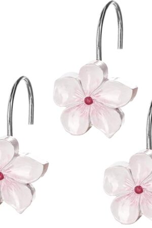 Creative Scents Vanda Flower Shower Curtain Hooks Decorative - Set of 12 White & Pink Shower Curtain Rings for Curtain - Cherry Blossom Shower Hooks - White and Pink Bathroom Accessories Decor