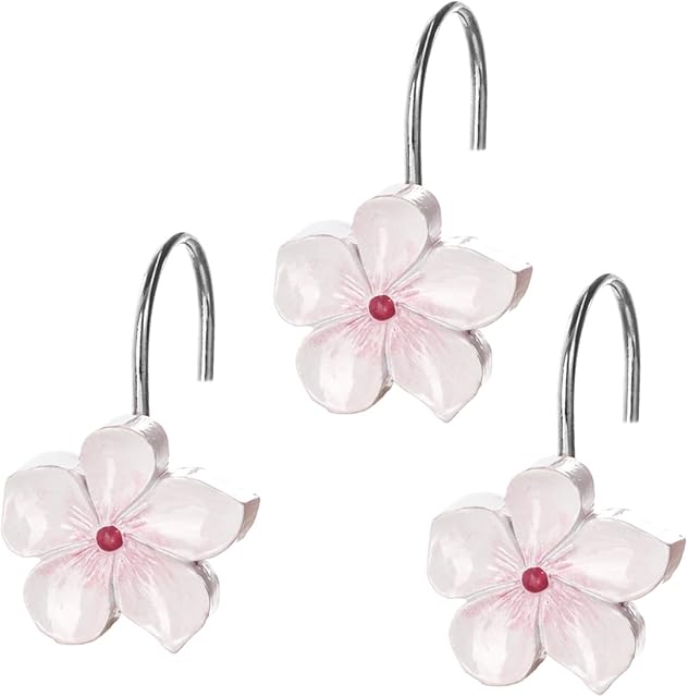 Creative Scents Vanda Flower Shower Curtain Hooks Decorative - Set of 12 White & Pink Shower Curtain Rings for Curtain - Cherry Blossom Shower Hooks - White and Pink Bathroom Accessories Decor
