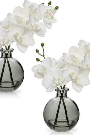White Orchids Artificial Flowers Faux Orchid Arrangement with Black Glass Vase Set of 2 Real Touch Phalaenopsis Orchid Flowers Orchid Centerpiece for Dining Room Table