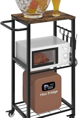 3-Tier Rolling Kitchen Cart Microwave Stand on Wheel, Movable Coffee Bar Cart with Metal Handle, Bakers Rack with 8 Hooks Utility Cart for Living Room, Bedroom, Bathroom, Office, Black
