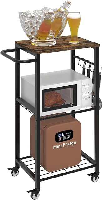 3-Tier Rolling Kitchen Cart Microwave Stand on Wheel, Movable Coffee Bar Cart with Metal Handle, Bakers Rack with 8 Hooks Utility Cart for Living Room, Bedroom, Bathroom, Office, Black