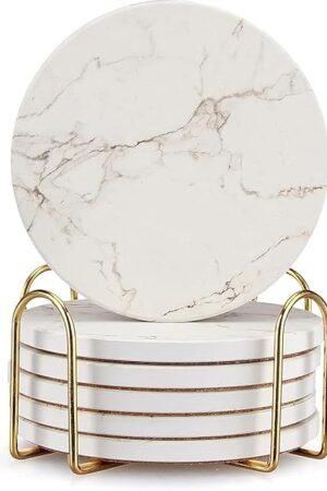 6 Pack White Marble Coaster Set with Holder Absorbent Drink Coasters Ceramic Cute Coaster Bar Dining Coffee Table Accessories Decor Gift Funny Cup Stone Modern Costers Cool Desk Beer Cork Coasters