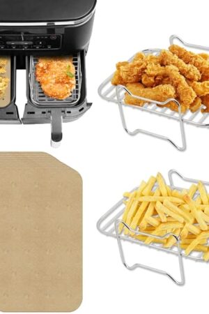 2pcs Air Fryer Rack Set with 100pcs Parchment Paper Compatible with Ninja Foodi Air Fryer DZ201, DZ401, 304 Stainless Steel Toast Dehydrator Racks Paper Liners for Double Basket