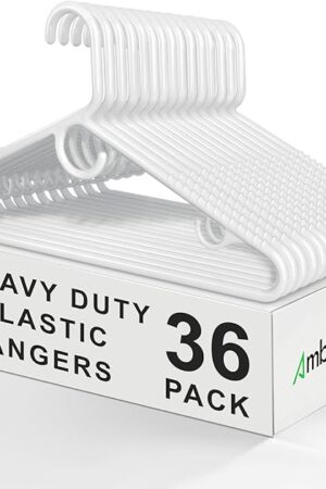 Amber Home 36 Pack Super Heavy Duty Plastic Hangers, White Plastic Hangers Non-Slip for Coat Jacket and Shirt, Non-Slip Pants Bar, Thick Strong Plastic Clothes Hangers with Hook for Scarves and Belts