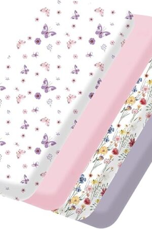 bimocosy Mini Crib Sheets Pack and Play Sheets 4 Pack Size 38"x 26" Butterfly Floral Pink Purple