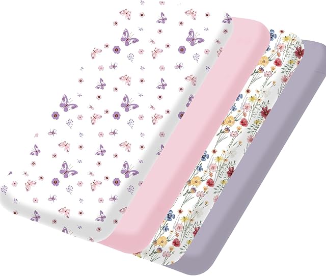 bimocosy Mini Crib Sheets Pack and Play Sheets 4 Pack Size 38"x 26" Butterfly Floral Pink Purple