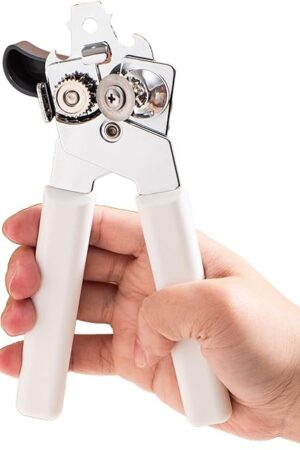 Can Opener Manual, Can Openers Hand Held with Comfort Anti-Slip Handles, Heavy Duty Stainless Steel Can Opener Smooth Edge and Bottle Openers, Easy Turn Can Openers for Seniors, Kitchen, White