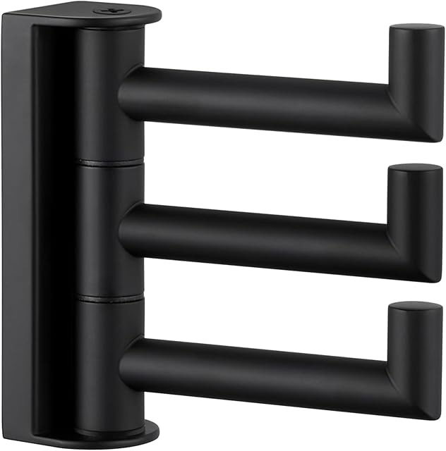 APLusee Wall Mounted Swivel Towel Hook, 304 Stainless Steel Multi Three Rotating Arm, Matte Black