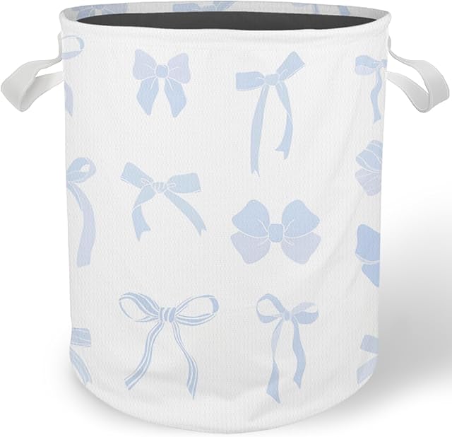Coquette Blue Bow Laundry Basket Hamper, Toybox for Girls, Trendy Preppy Bow Waterproof Collapsible Storage Bin Organizer for Bedroom Bathroom Girls Room Dorm Clothes Toys Books