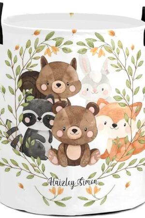 Cute Woodland Animals Personalized Laundry Basket Clothes Hamper Storage Handle Waterproof Collapsible Large Capacity for Bedroom Bathroom Toy Decoration
