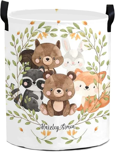 Cute Woodland Animals Personalized Laundry Basket Clothes Hamper Storage Handle Waterproof Collapsible Large Capacity for Bedroom Bathroom Toy Decoration