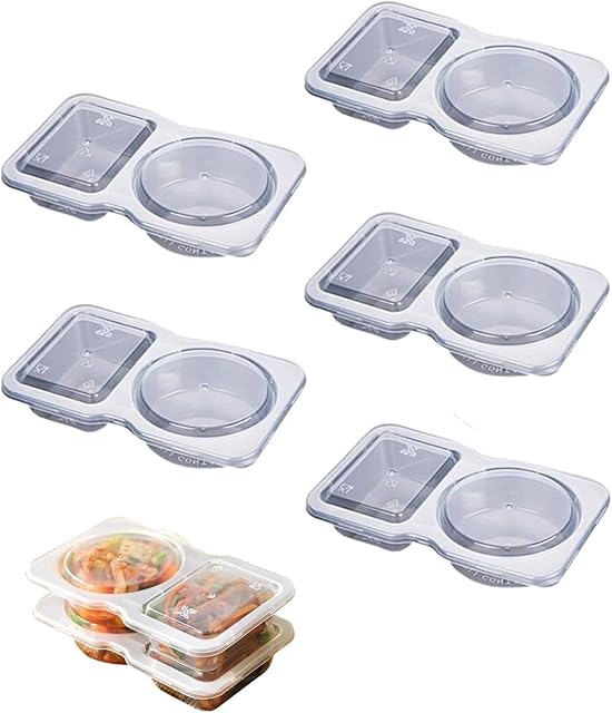 5PCS Double Compartment Condiment Container, 2 Compartment Snack Containers for Condiments or Dips, Double Condiment Containers with Lids, Double Compartment Snack Container (5PCS)