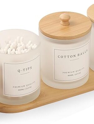 3 Pack Qtip Holder - Bathroom Organizers and Storage, Cotton Round Holder Cotton Swab Dispenser Cotton Ball Holder with Tray, Glass Apothecary Jars with Lids, Bathroom Containers for Floss Pick
