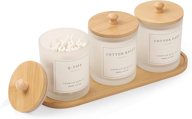 3 Pack Qtip Holder - Bathroom Organizers and Storage, Cotton Round Holder Cotton Swab Dispenser Cotton Ball Holder with Tray, Glass Apothecary Jars with Lids, Bathroom Containers for Floss Pick