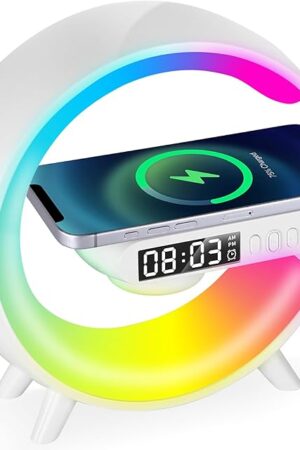 Alarm Clocks for Bedrooms White Speaker Wireless Charger Smart Light Sound Machine Smart Alarm Clocks for bedrooms Night Light Lamp Sunrise Alarm Clock Restroom Bedroom 6.14 inch(Mini-Style G63)