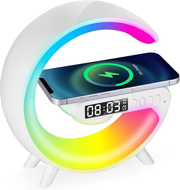 Alarm Clocks for Bedrooms White Speaker Wireless Charger Smart Light Sound Machine Smart Alarm Clocks for bedrooms Night Light Lamp Sunrise Alarm Clock Restroom Bedroom 6.14 inch(Mini-Style G63)