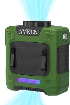 AMKEN Waist Fan - 3-Speed Clip-On Belt Fan, 16000RPM Strong Airflow, 24H Rechargeable Battery (10000mAh), LED SOS & Red-blue Light - Portable Cooling for Jobsite, Camping, Fishing, Outdoor