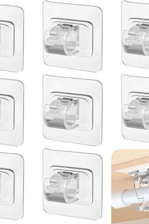 8 Pcs Adhesive Curtain Rod Holder Hooks Self-Adhesive Curtain Rod Bracket No Drill Curtain Hangers Nail Free Adjustable Curtain Rod Holder Curtain Pole Wall Brackets for Home Bathroom Kitchen