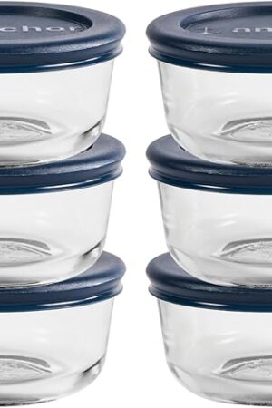 Anchor Hocking 1 Cup Glass Storage Containers with Lids, Set of 6 Glass Food Storage Containers with Navy Blue SnugFit Lids