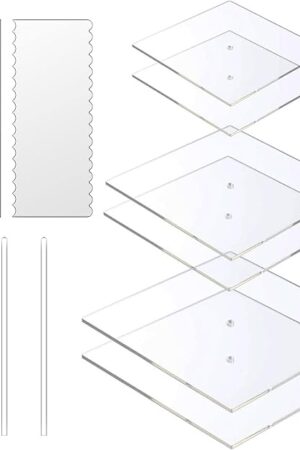 Boyun Acrylic Square Cake Disk Set,Acrylic Cake Discs Set,Comb Scrapers,Dowel Rods,Icing Scraper,Acrylic Scraper Smoother for 3 Tier Cakes (6.25" + 8.25" + 10.25")