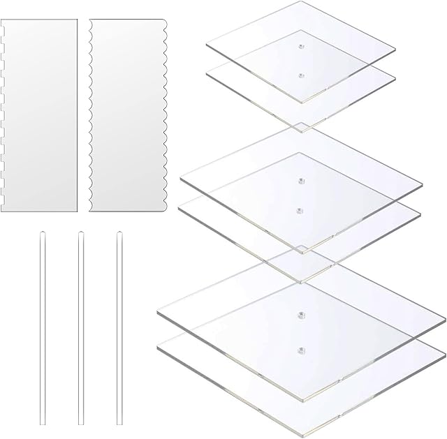 Boyun Acrylic Square Cake Disk Set,Acrylic Cake Discs Set,Comb Scrapers,Dowel Rods,Icing Scraper,Acrylic Scraper Smoother for 3 Tier Cakes (6.25" + 8.25" + 10.25")