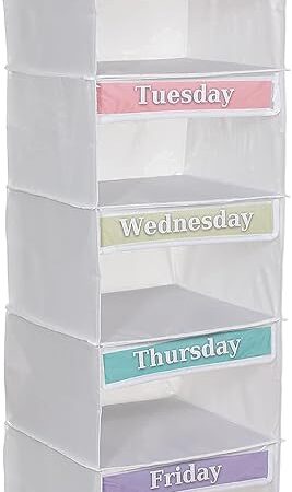 5-Shelf Weekly Clothes Organizer for Kids, 33-Inch Hanging Closet Storage Unit for School Outfits, Monday Through Friday Daily Clothing Divider for Boys and Girls