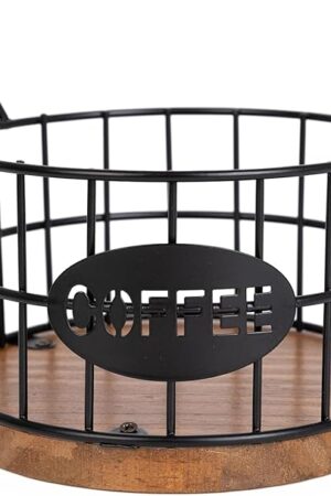 Coffee Pods Holder for Countertop, K Cup Holder Organizer, Sturdy Kcup Storage Basket with Wooden Base , Pod Container Nespresso For Kitchen Bar Counter Office Desktop (Black)