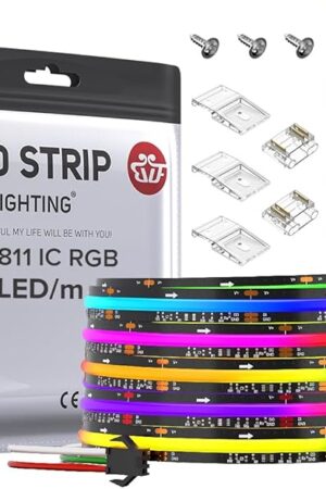 BTF-LIGHTING FCOB WS2811 IC RGB COB LED Strip DC12V 720LED/m 16.4FT Flexible High Density Uniform Chasing Color Light 20IC/m 12mm Width Black PCB for Indoor Decor(No Adapter or Controller)