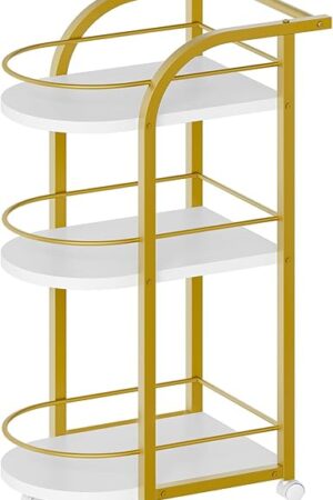 3-Tier Bar Cart, Home Bar Serving Cart with Fence and Wheels, for Dining Room, Living Room, Garden, Party, White and Gold BC06DW
