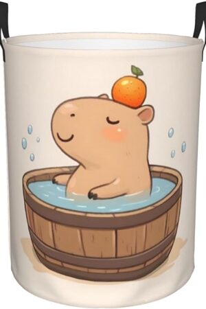 Cute Capybara Laundry Basket Round With Handle, Bedroom Hamper Collapsible Storage Bin Dirty Clothes Bag Organizer For Home Bathroom Nursery, 19.6''X15.7''