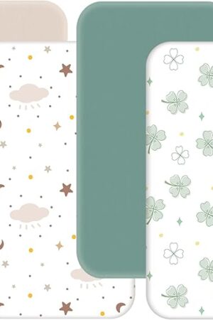 4 Pack Mini Crib Sheets Fitted - 38"x26" Pack and Play Sheets for Playard Mattress, Portable Mini Crib | Soft & Skin Friendly Pack N Play Sheets for Boys Girls (Clover & Moon Star)