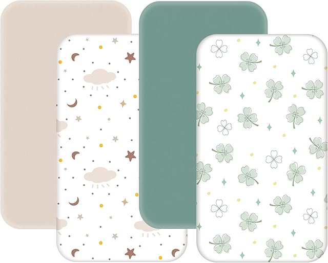 4 Pack Mini Crib Sheets Fitted - 38"x26" Pack and Play Sheets for Playard Mattress, Portable Mini Crib | Soft & Skin Friendly Pack N Play Sheets for Boys Girls (Clover & Moon Star)