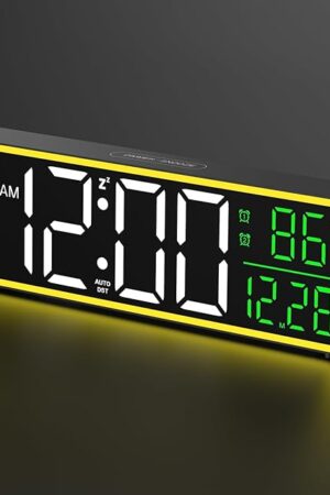 Alampan 9" Large Digital Clock, Desk & Wall-Mounted, Dual Alarm Clock for Bedrooms, Large Display, with Night Light, Week and Date, LED Temperature, Electric, Auto DST, Corded(Green Temp & Date)