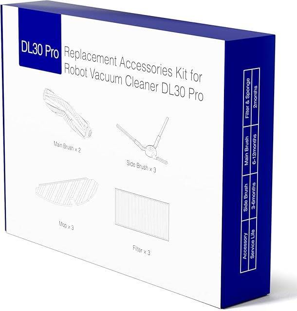 Robotic Vacuum Replacement Parts for DL30 Pro Series – Replenishment Kit with 2 Main Brushes, 3 Side Brushes, 3 Mops, and 3 Filters