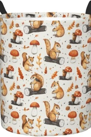Delerain Cartoon Squirrels Mushrooms Laundry Basket, Waterproof Laundry Hamper with Handles, Collapsible Toy Bins Dirty Clothes Round Storage Basket for Home Bathroom Office Nursery, 19.6X15.7(M)