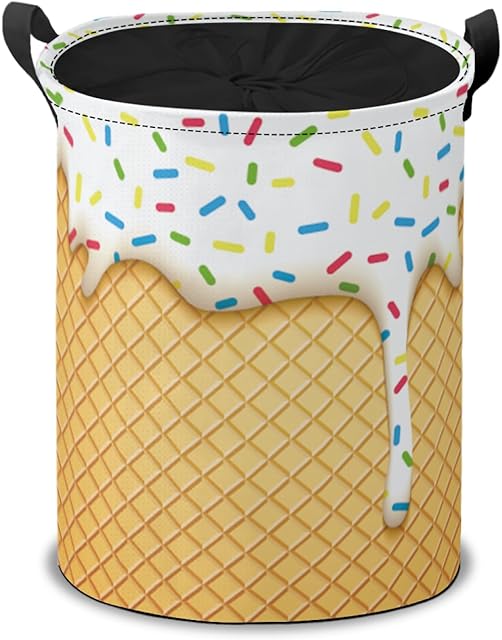 White Ice Cream Laundry Hamper Basket,Waffle Cone Collapsible Portable Laundry Bag, Storage Bins Toys Storage Gifts Basket, Bedroom Home Nursery Decor for Baby Girl Women