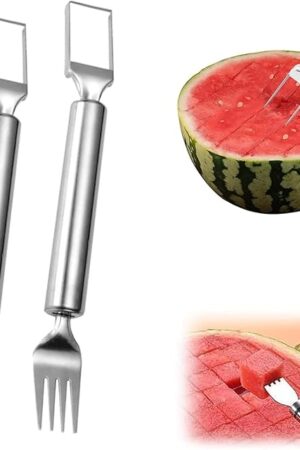 2Pcs Watermelon Fork Slicer Cutter, 2-in-1 Stainless Steel Fruit Cutter, Watermelon Cutter，New Upgrade Dual Head Watermelon Fork Slicer Tool, Summer Fruit Cutting Home Kitchen Gadgets.