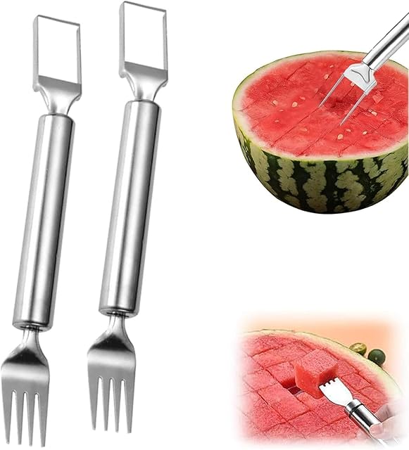 2Pcs Watermelon Fork Slicer Cutter, 2-in-1 Stainless Steel Fruit Cutter, Watermelon Cutter,New Upgrade Dual Head Watermelon Fork Slicer Tool, Summer Fruit Cutting Home Kitchen Gadgets.