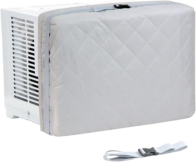 Demao Grey Window AC Covers for Inside, 21" × 15"× 3.5" Heavy Duty Cotton Padding, Keep Warm&Dust Proof Window AC Unit Protector for All Seasons,Universal Fit with Drawstring & Adjustable Strap