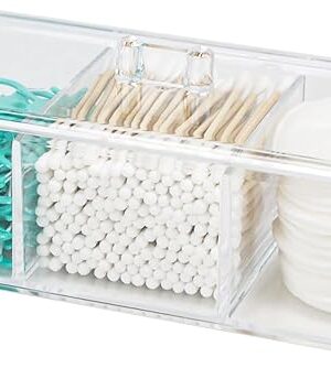 Clear Bathroom Dresser Organizer - Cotton Ball Swab Holder with 3 Divided Compartments&Lid, , Waterproof Transparent Small Plastic Storage Containers, Vanity Makeup Organization