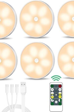 Warm Color LED Closet Lights Wireless Motion Sensor Step Light, USB Rechargeable Battery Operated Puck Lights with Remote, Dimmable Under Cabinet Counter Lighting for Wardrobe Kitchen (6 Pack)