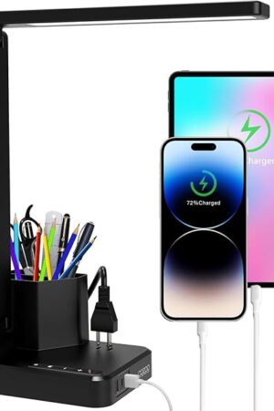 COZOO LED Desk Lamp with 3 USB Charging Ports,1 AC Outlet,2 Pen Holders,3 Color Temperatures 3 Brightness LevelsTouch/Memory/Timer Function,10W Eye Protection Foldable Reading Light,College Study Lamp