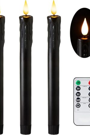 Black Flameless Taper Candles with Remote and Timer - 9.65 Inch Real Wax LED Candlesticks - Wax Drip Battery Operated Halloween Taper Candles with 3D Flickering Flame Halloween Decor, 3 Pack
