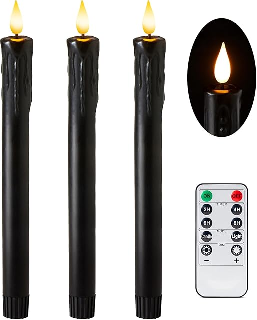 Black Flameless Taper Candles with Remote and Timer - 9.65 Inch Real Wax LED Candlesticks - Wax Drip Battery Operated Halloween Taper Candles with 3D Flickering Flame Halloween Decor, 3 Pack