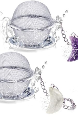 2pcs Tea Infuser, Scdom Stainless Steel Ball Mesh Tea Strainer, Amethyst & White Crystal Moon Pendant Tea Ball Tea Filter with Extended Chain Hook for Brew Fine Loose Tea and Spices & Seasonings