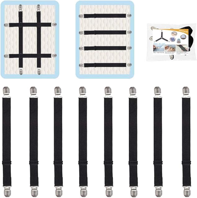 Adjustable Bed Sheet Straps Clips, Elastic Mattress Sheet Fasteners Holder and Suspenders, Grippers to Hold Sheet, Mattress, Sofa, Couch, Table Cloth, Ironing Board Cover, 8Pcs, Black