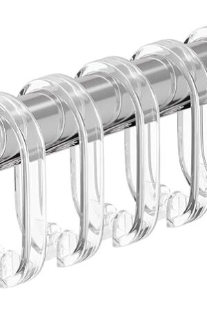 24 PCS Clear Shower Curtain Hooks with Fixed Locking Clips - Oval Anti-Slip Bath Rings, Durable Plastic Resin, Invisible Design,Rust Resistant Decorative Hooks for Bathroom,Kitchen,Bedroom